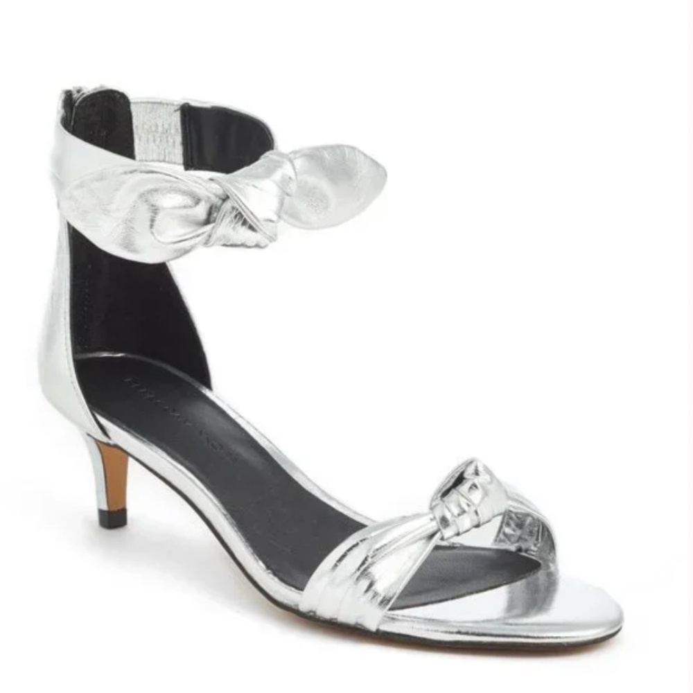 Rebecca Minkoff Women's Silver Leather Kitten Heel Sandal With Bow